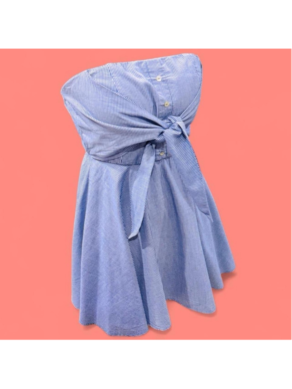 Blue White Pinstripe Strapless Tie Front Babydoll Dress M Fairy Preppy Coquette